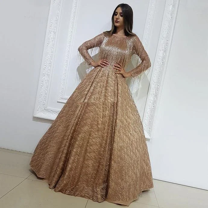 Women's Luxury Apparel Lighten Up With Nordic Styles Glitter Prom Dresses Tassel Beaded 2020 Long Sleeves Dubai Evening Gown   cg13692