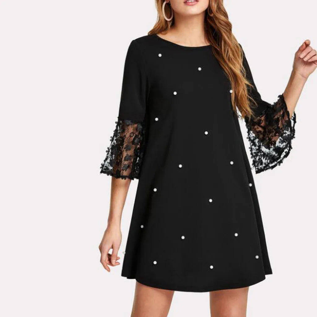 Vintage-Inspired Women's Clothes Seasonal Fashion JuliaFashion - Spring Fashion Solid Dots O-Neck Women Mesh Lace Spliced Long Sleeve For Women Casual Summer Holiday Vestidos Dress