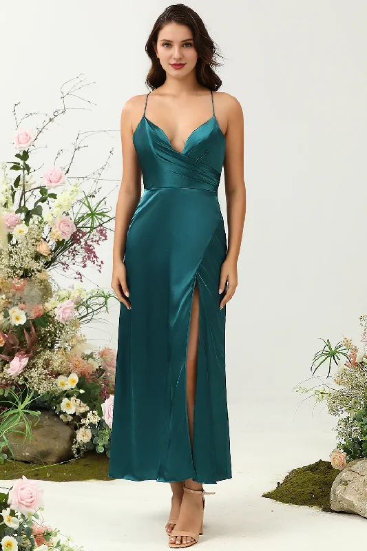 Women's High-Fashion Attire Celebrate With Big Savings A-line thin shoulder strap dark green shiny satin backless bridesmaid dress