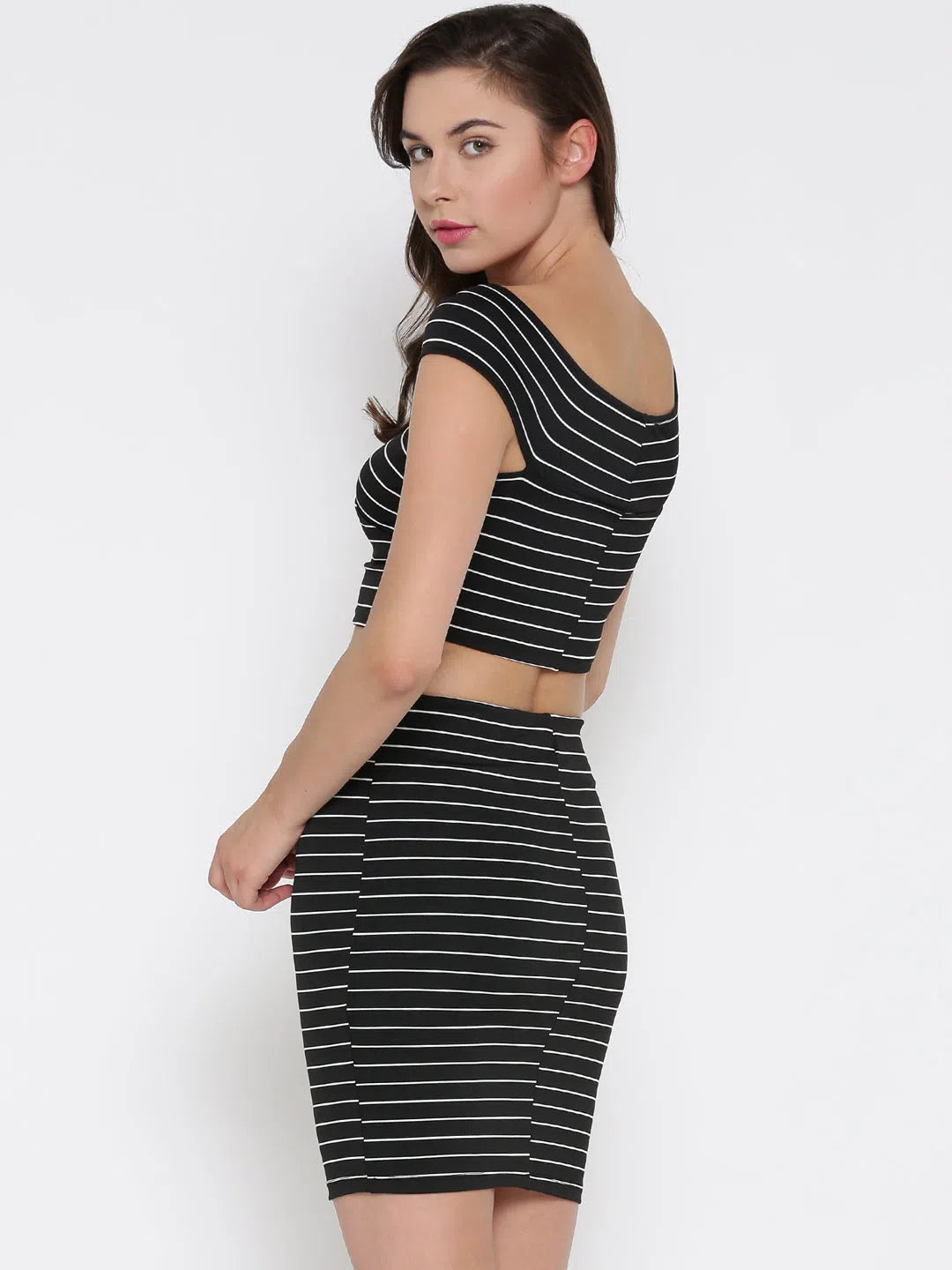 Women's Comfy Loungewear Outfit Latest Fashion Black Striped Bandage Bardot Bodycon Co-Ordinate Dress