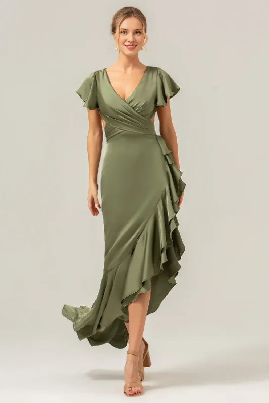 Stylish Women's Apparel Summer Fashion A-line V-neck asymmetrical olive ruffled slit bridesmaid dress