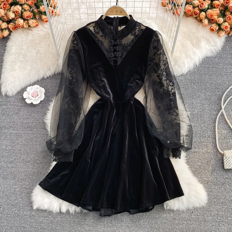 Classic Clothes For Women Stylish Spring Fashion Black lace long sleeve dress black fashion dress   S84