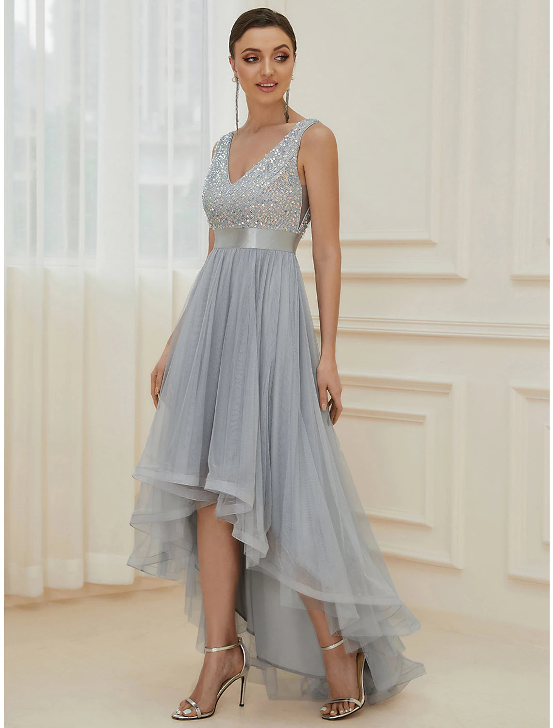 Women's Romantic Outfit Evening Elegance A-Line Bridesmaid Dress V Neck Sleeveless Elegant Asymmetrical Sequined with Sequin / Tier