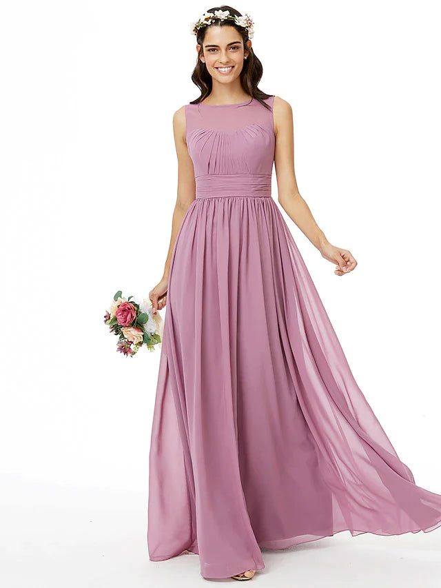 Women's Classic Outfit Stylish Spring Fashion A-Line Bridesmaid Dress Jewel Neck Sleeveless Open Back Floor Length Chiffon with Sash / Ribbon / Pleats / Ruched