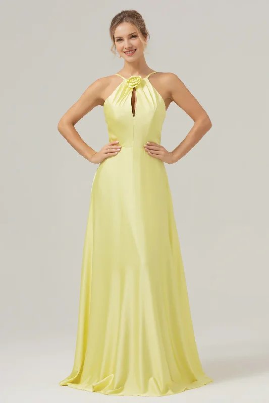 Casual Apparel For Women Wardrobe Upgrade Yellow A-line hanging neck, exposed back, and floor length bridesmaid dress with flowers