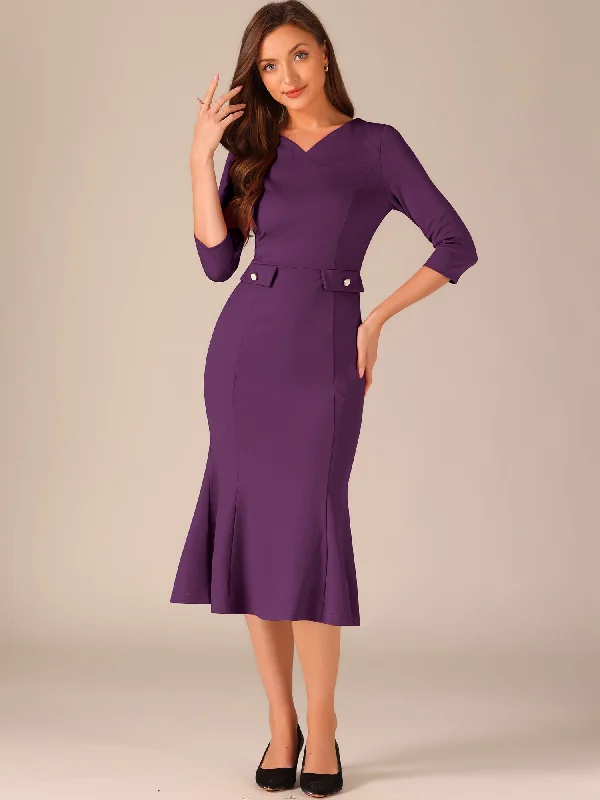 Timeless Women's Clothing Fashion Sale Vintage Bodycon Fishtail 3/4 Sleeve Work Church Cocktail Dress