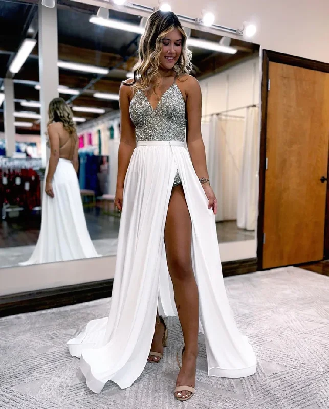 Casual Garments For Women Fashion-Forward Outfits Charming Bodycon V Neck Sliver Sequins Short Prom Dresses with Detachable Train gh2525