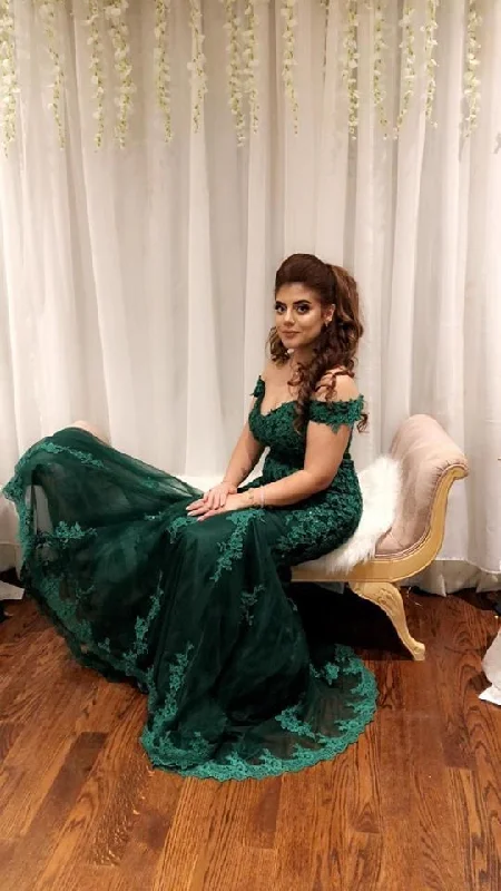 Charming Women's Clothes For Special Events Fashion-Forward Formal Evening Gowns Lace Appliques Mermaid Long Prom Dresses Tulle Emerald Green Evening Dresses  cg6088