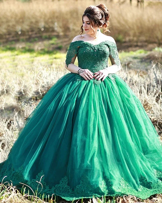 Women's Occasion Wear Clothes Elegant Style Lace Green Ball Gown Wedding Dresses Off Shoulder Tulle Sweet 16 Dress