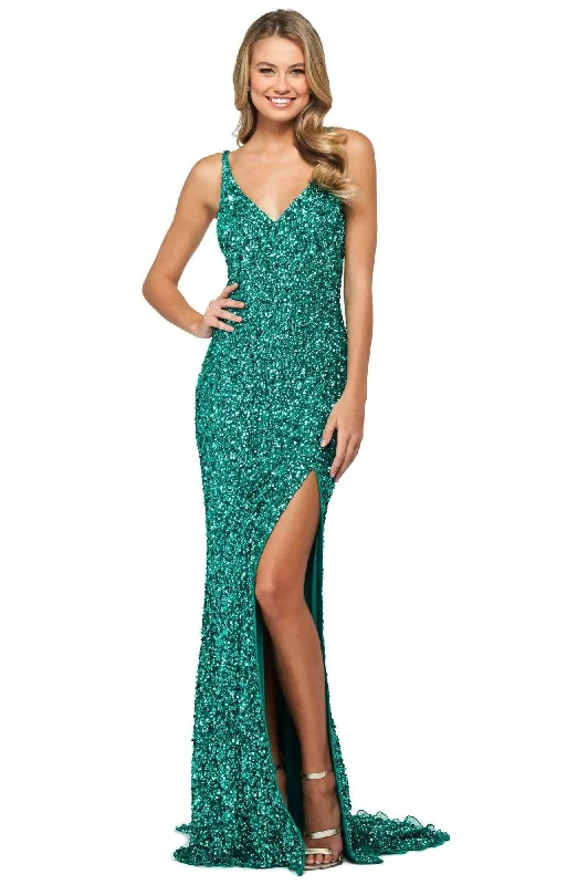 Women's Clothing With Trendy Designs Evening Looks Sherri Hill - 53450 Sleeveless V Neck Long Beaded Dress