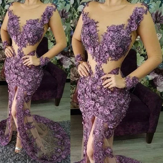 Women's Chic Apparel Wardrobe Update Purple flowers prom dresses beaded front slit luxury evening dresses mermaid lace evening gowns sheer long sleeve   cg13585