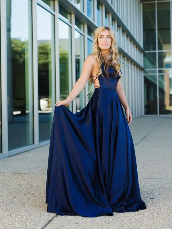 Women's Clothing For Holiday Travel Exclusive Discount A Line Backless Navy Blue Satin Long Prom Dresses, Backless Navy Blue Formal Graduation Evening Dresses SP2467