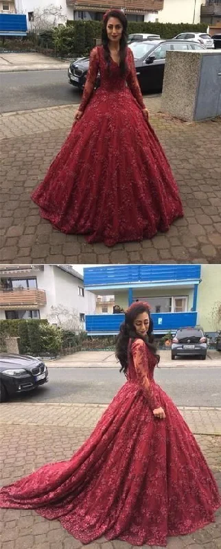 Chic Women's Outfit Chic Style Long Sleeve Lace Burgundy Ball Gown Prom Dress, Formal Quinceanera Dress   cg12582