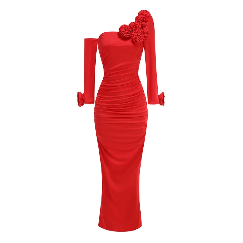 Affordable Luxury Women's Apparel Style Upgrade Asymmetric 3D Rosette One Shoulder Ruched Bodycon Maxi Evening Dress