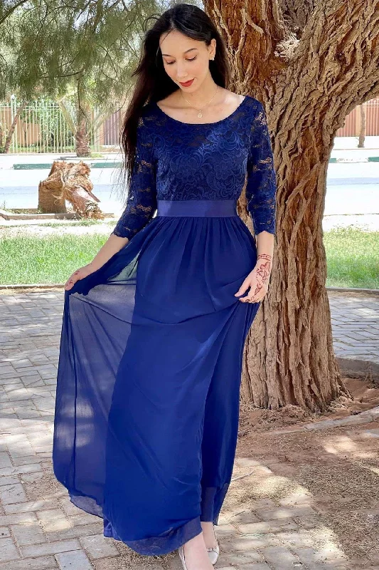 Women's Stylish Professional Apparel Save Big Blue Round Neck Half Sleeve Long Bridesmaid Dress