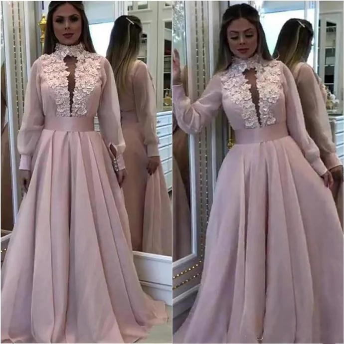 Charming Women's Holiday Apparel Wardrobe Essentials 2020 Newest Arabic Dubai Prom Dresses Appliques High Neck Long Sleeves 3D Flower Bead Formal Wear Floor Length Chiffon Evening Gown   cg13525