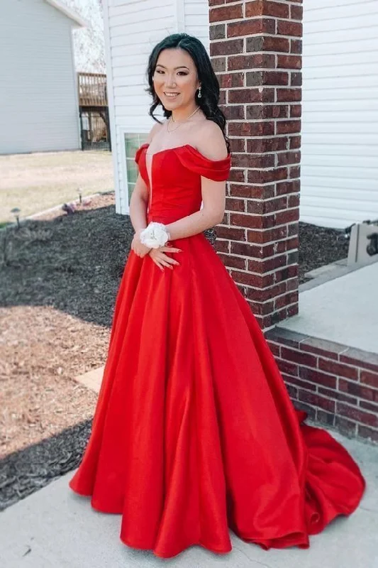 Women's Outerwear Clothing Stylish Spring Fashion Off the Shoulder Red Long Ball Gown prom dress with Pockets,   cg15438