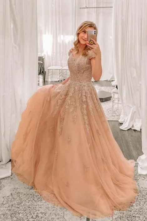 Women's Casual Attire Limited Quantities Gorgeous Champagne Long Prom Gown with Cap Sleeves    cg14598