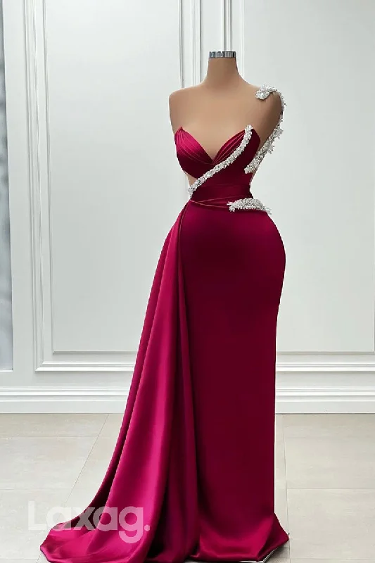 Women's Stylish Professional Apparel Seasonal Trends 21989 - Illusion Neckline Beads Satin Ruched Mermaid Long Prom Formal Dress