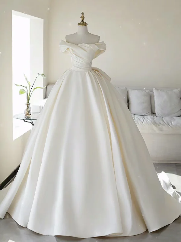 Elegant Women's Attire Limited Quantities Simple Off Shoulder Satin ivory Long Wedding Dress