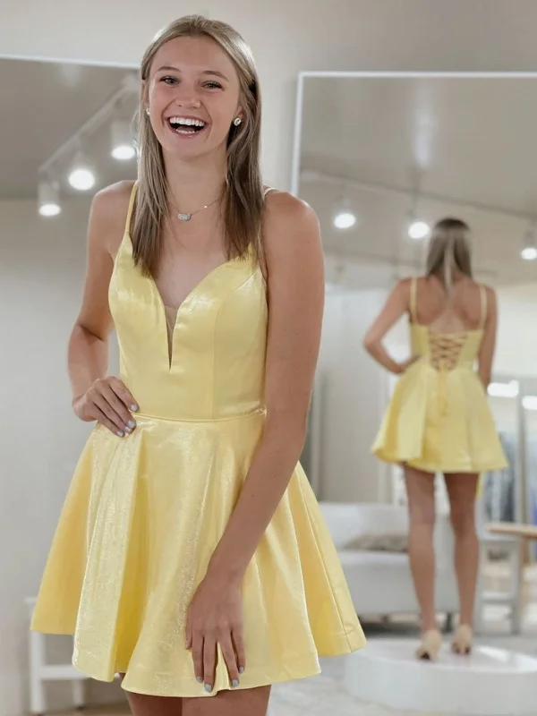 Women's Office Clothing Special Offer A Line V Neck Yellow Satin Short Prom Dresses, V Neck Yellow Homecoming Dresses, Yellow Formal Graduation Evening Dresses