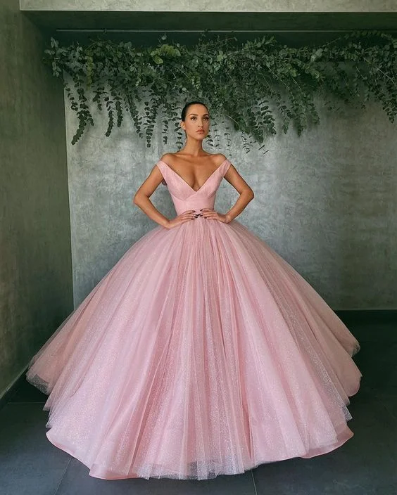 Women's Chic Outfit Cool Prices pink off the shoulder tulle ball gown Prom Dresses    cg14907