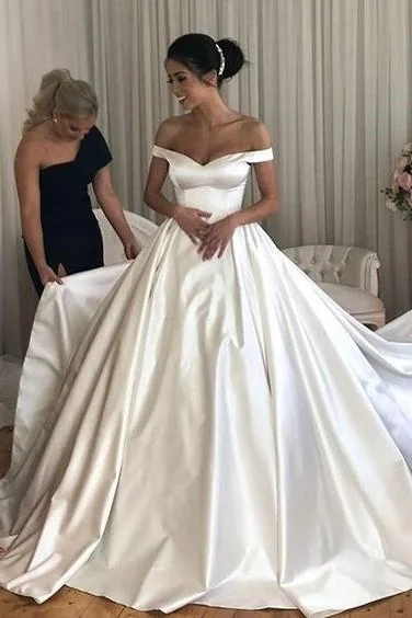 Women's Vacation Attire Chic Style A Line Satin Wedding Dresses Off the Shoulder Bridal Gown with Train