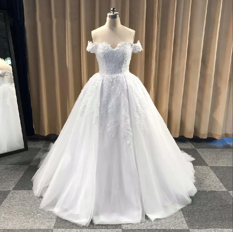 Women's Everyday Clothes Fashion-Forward A Line Off the Shoulder Lace Applique Wedding Dresses Beaded