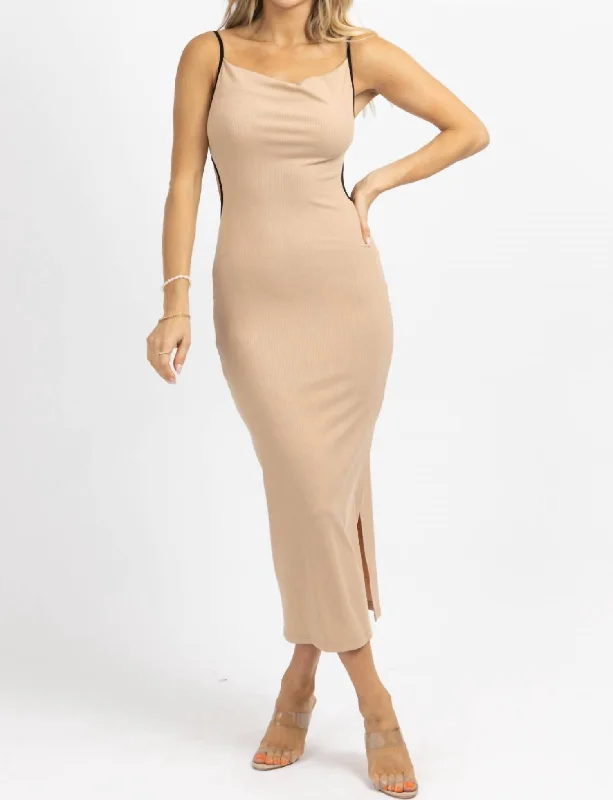 Women's Clothing For Outdoor Activities Celebrate With Big Savings Contrast Ribbed Midi Dress In Taupe + Black