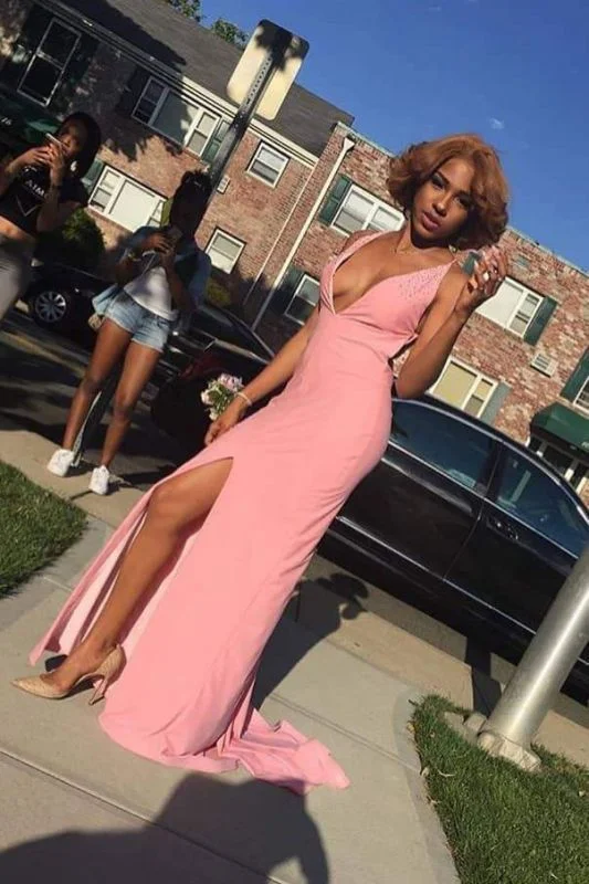 Women's Workout Garments Hot Trends Unique Pink Spaghetti Strap Sleeveless Side Slit Evening prom Gown   cg14041