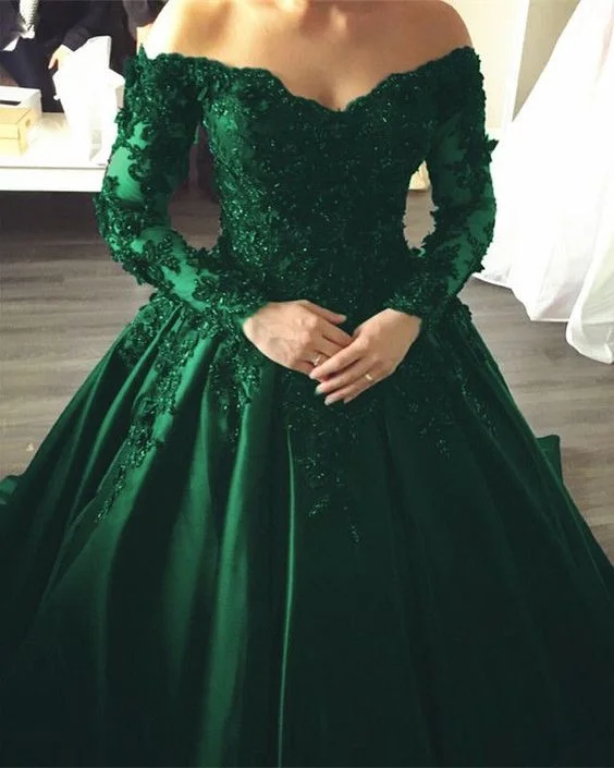 Affordable Women's Outfit Wardrobe Refresh emerald green prom dresses off the shoulder ball gown   cg14983