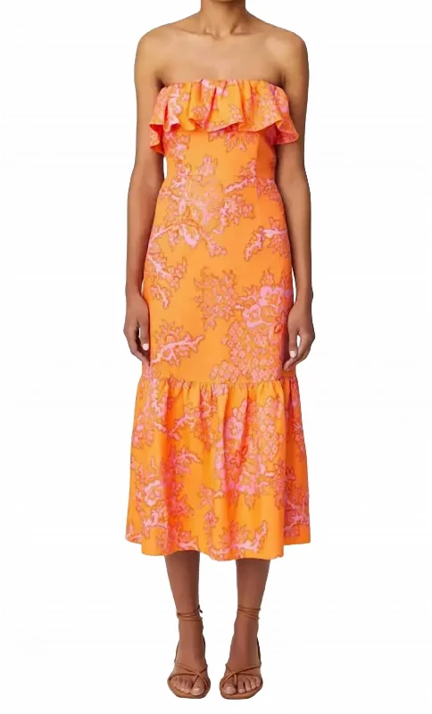 Women's Sporty Clothes Limited Styles Thea Ruffle Trim Halter Midi Dress In Coral Reef Grande