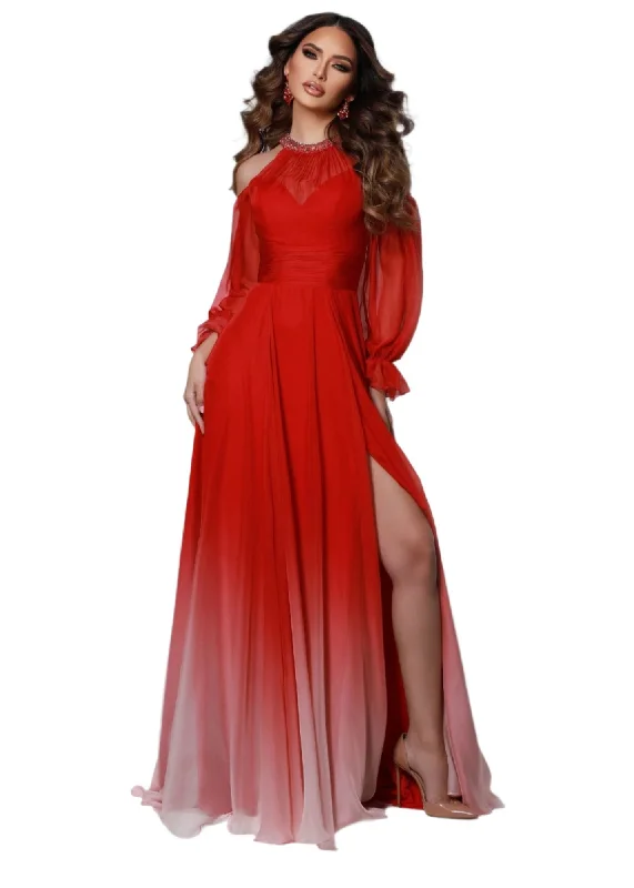 Chic Women's Garments Spring Fashion Johnathan Kayne 2541 Size 2, 4 Cherry Ombre Long Sleeve Chiffon Formal Dress slit high neck