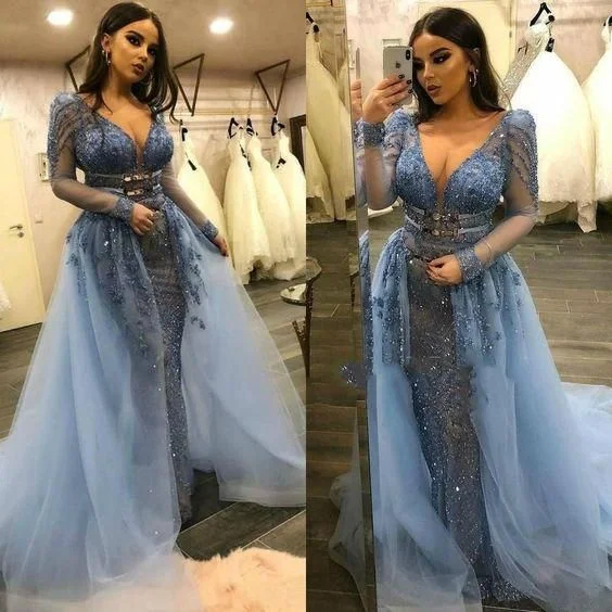 Luxury Women's Clothing Score Big On Glamorous Red - Carpet Styles deep v neck luxury prom dresses with detachable skirt blue lace applique beaded elegant prom gown    cg15391