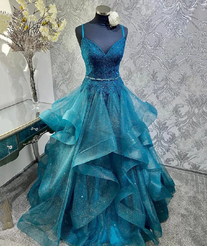 Stylish Women's Apparel Discounts On Casual Weekend Styles BLUE TULLE LACE LONG PROM GOWN FORMAL DRESS   cg13934