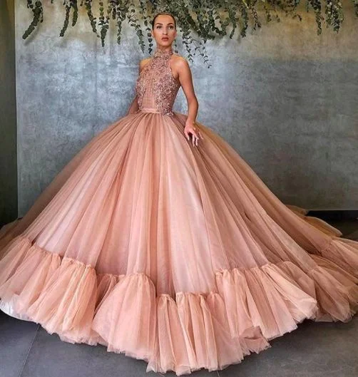 Women's Vacation Outfit Set Fashion-Forward Outfits high neck beaded lace appliques tulle ball gown Prom Dresses    cg14906