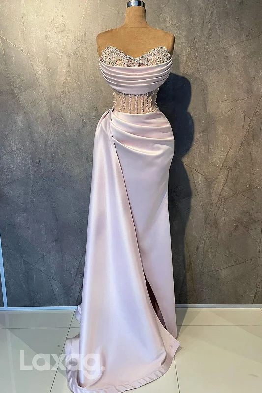 Women's Evening Clothing Wardrobe Refresh 22179 - Strapless Beaded illusion Draped Sleek Satin Party Prom Formal Evening Dress