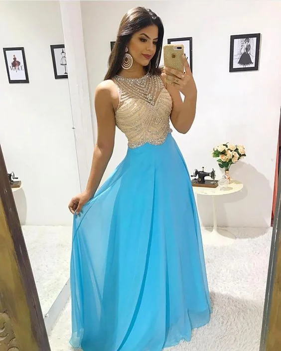 Women's Elegant Garments Fashionista Favorites Luxury Blue Prom Dress Beaded Jewel Neck Floor Length Chiffon Elegant Evening Dresses Formal Long Party Gowns  cg14158