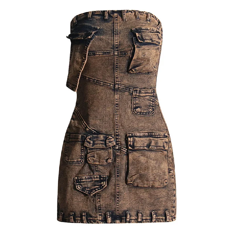 Sustainable Women's Apparel Stylish Looks Deconstructed Cargo Pocket Belt Loop Tube Bodycon Mini Jean Dress