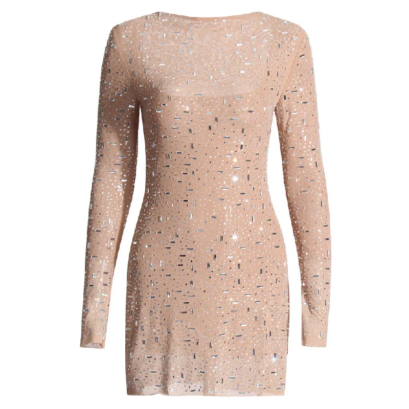 Women's Holiday Clothing Fashion Forward Sparkly Crystal Square Neck Split Sleeve Bodycon Sheer Mesh Mini Dress