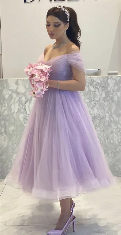 Women's Athletic Outfit Budget-Friendly Fashion Elegant Lavender Tulle Midi Prom Dresses Off The Shoulder Party Gowns   cg14977