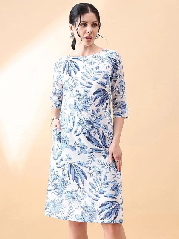 Charming Women's Clothes For Special Events Stylish Spring Fashion A-Line cotton floral printed dress- Blue & White