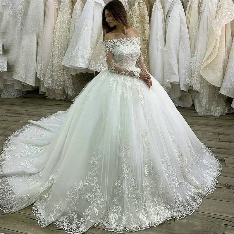 Women's Classic Attire Stylish Looks Princess Long Sleeves Off the Shoulder Lace Ball Gown Wedding Dresses