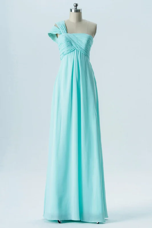 Affordable Women's Clothes Buy More, Save More Aqua Blue One-Shoulder Double Straps Bridesmaid Dress