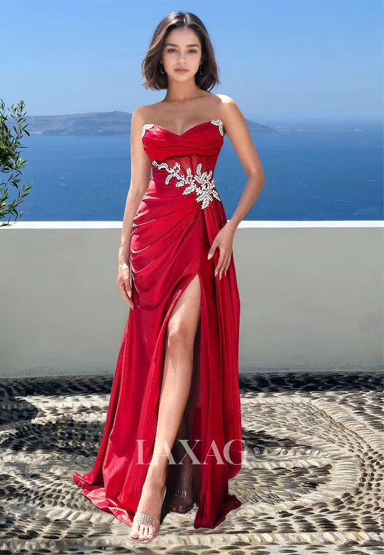 Women's Cozy Outfit For Lounging Fashion Sale Sweetheart Off-Shoulder Sleeveless Satin Formal Gowns Beaded Pleated Mermaid Prom Dress with Slit