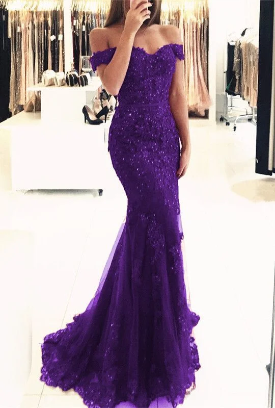 Women's Comfortable Lounge Garments Stylish Spring Fashion Purple lace mermaid evening dress off the shouler prom gowns with pearl beaded   cg14038