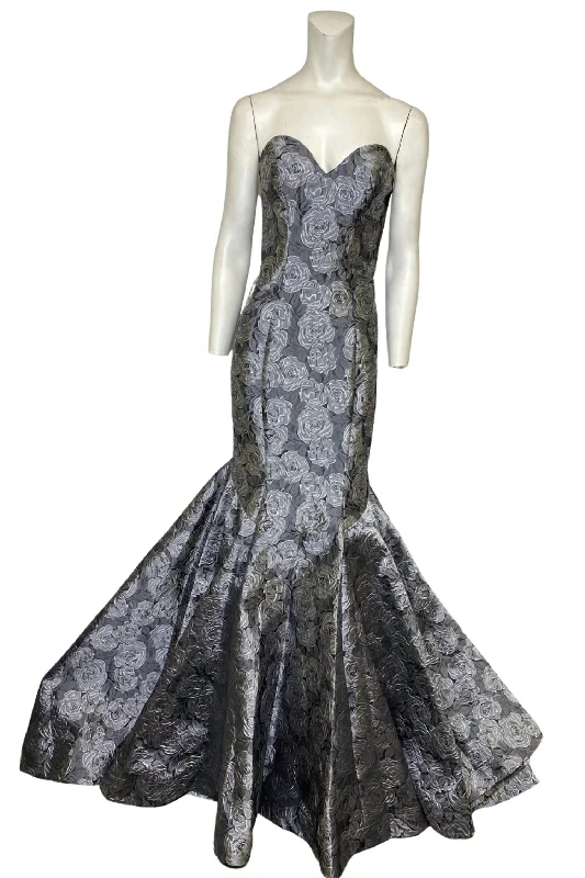 Women's Casual Clothing For Lounging Fashion Sale Jacquard Classic Evening Gown In Grey And Silver Floral