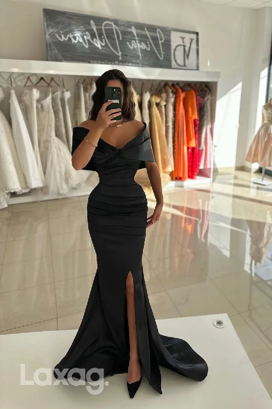 Women's Tops And Clothing Latest Trends 22243 - Off Shoulder Draped Sleek Satin Mermaid Prom Formal Evening Dress with Slit