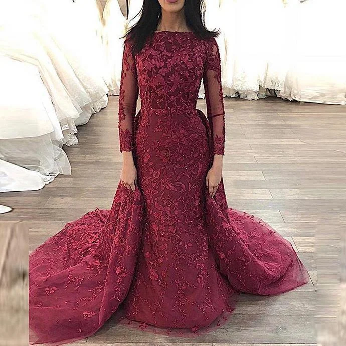 Women's Comfortable Apparel Update With Cottagecore Styles Arabic Long Sleeves Mermaid Lace Evening Dresses 2020 with Detachable Train Appliques Jewel Neck Formal Prom Party Gowns   cg13686