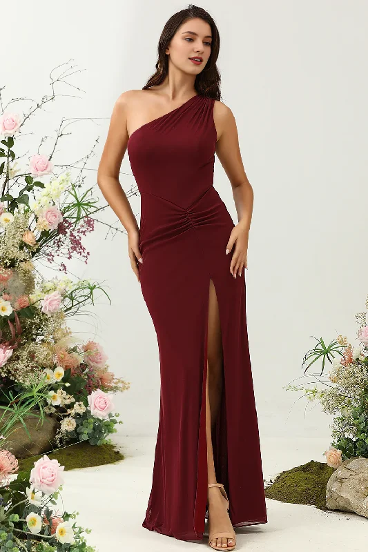 Women's Elegant Evening Attire Fashion Sale Wine red slit fish tail one shoulder chiffon bridesmaid dress